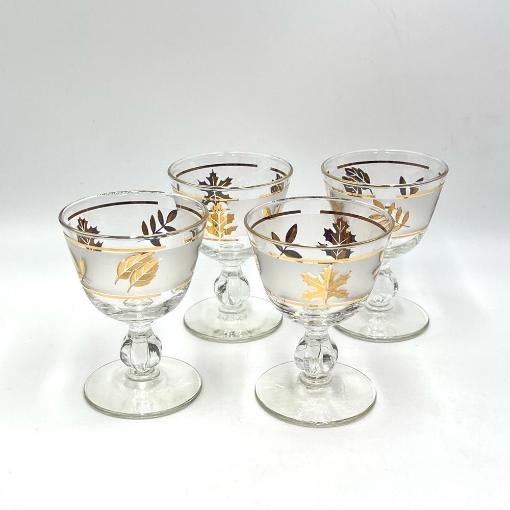 4 50s Vintage Midcentury Libbey Gold Leaf Frosted Wine Cordial Goblets Glasses‎